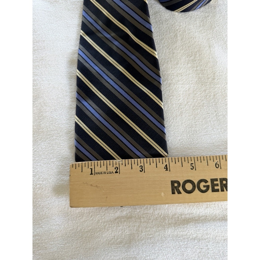 Dion Signature Italian Silk Striped Tie Made in Canada Blue Gray Gold - Picture 4 of 6